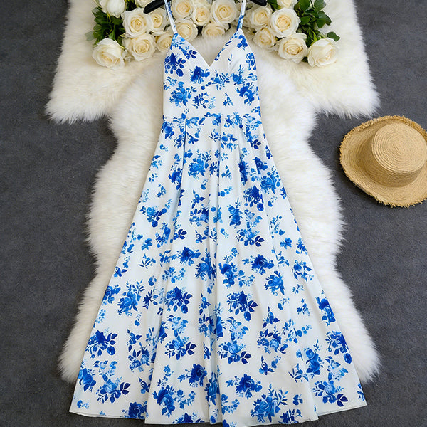 Printed Slim Waist Strap Dress for Spring Formal Events