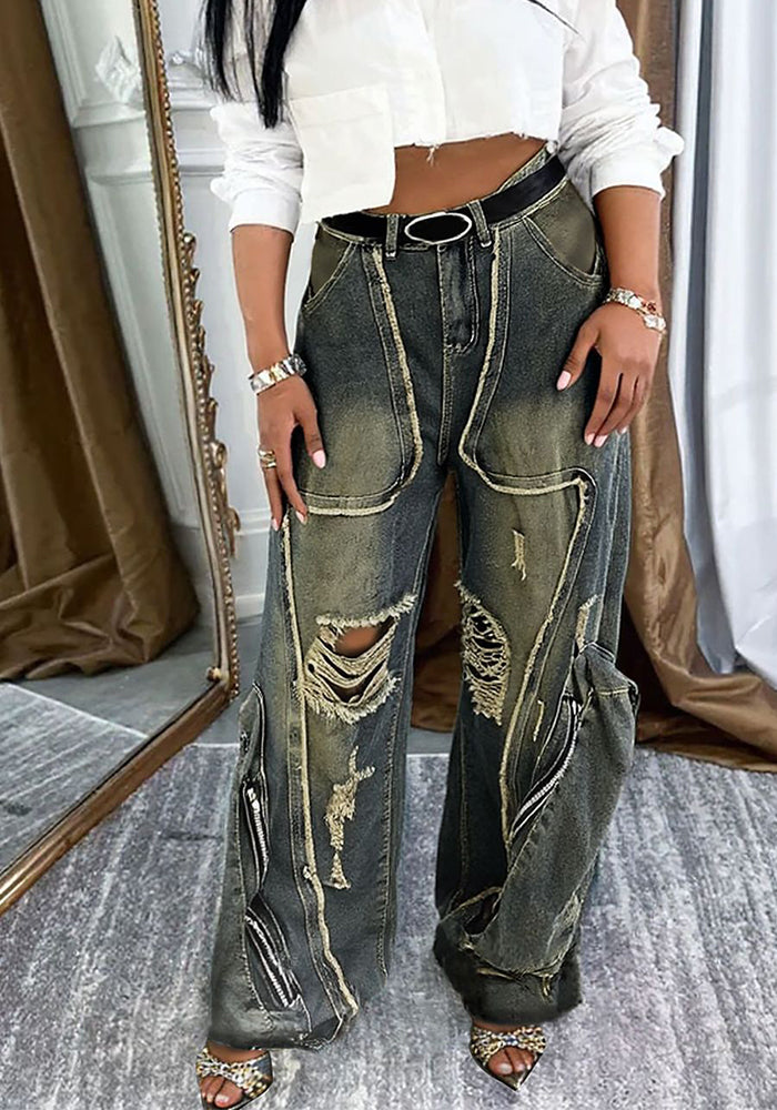 Women Ripped Pocket Cargo Denim Pants