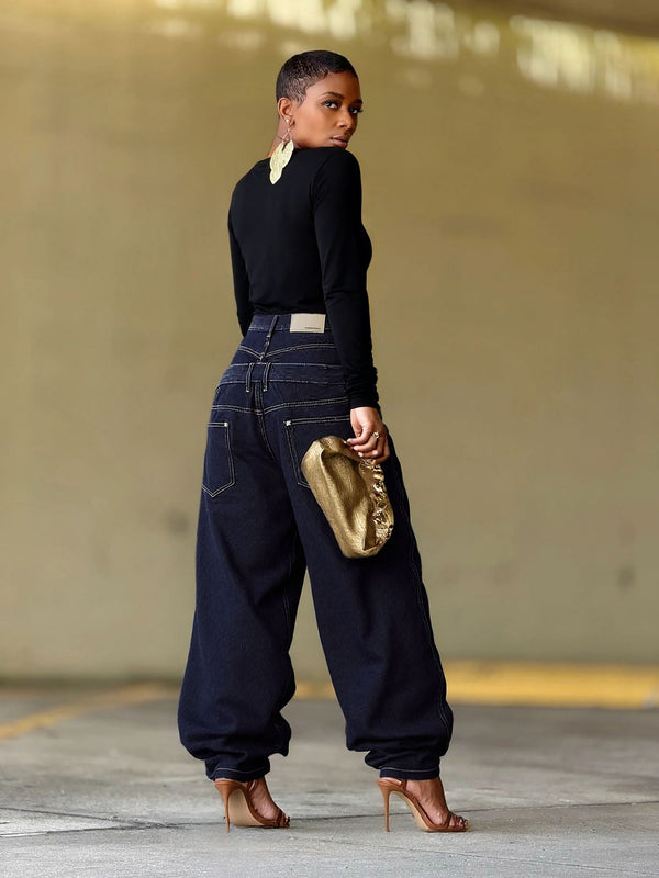 Patchwork Double Waist Rivet Denim Jeans for Streetwear