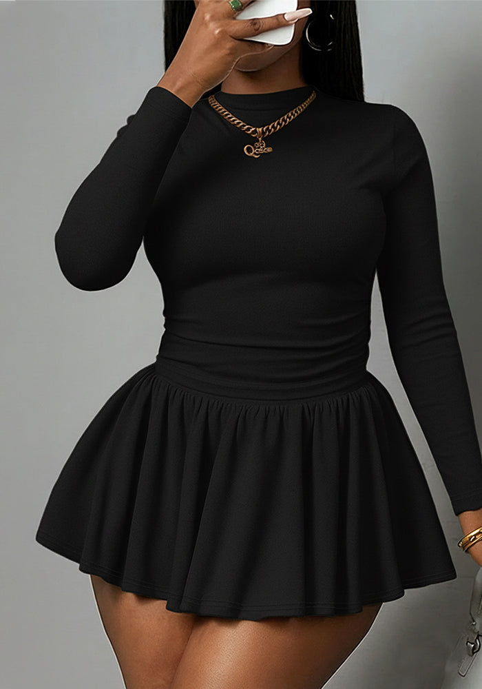 High-Neck Pleated Long-Sleeve Dress for Casual Wear