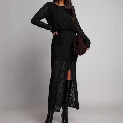 Women Spring Round Neck Long Sleeve Sexy Hollowed-out Lace Solid Slit Maxi Dress