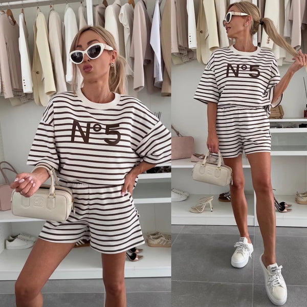 Casual Striped Round Neck Short-Sleeve Top & Shorts Set
