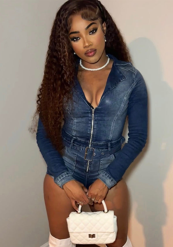 Zipper Patchwork Stretchy Denim Lace Jumpsuit for Casual Streetwear