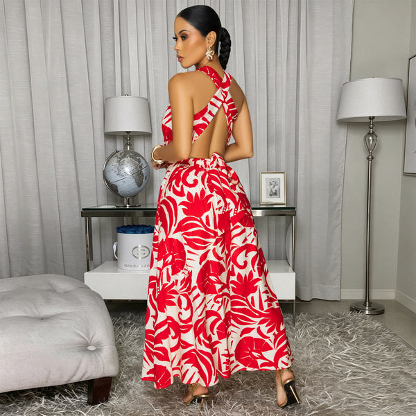 Printed Halter V-Neck Dress for Summer Holiday Casual Wear