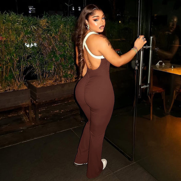 Women Patchwork Solid Backless Casual Bell Bottom Jumpsuit