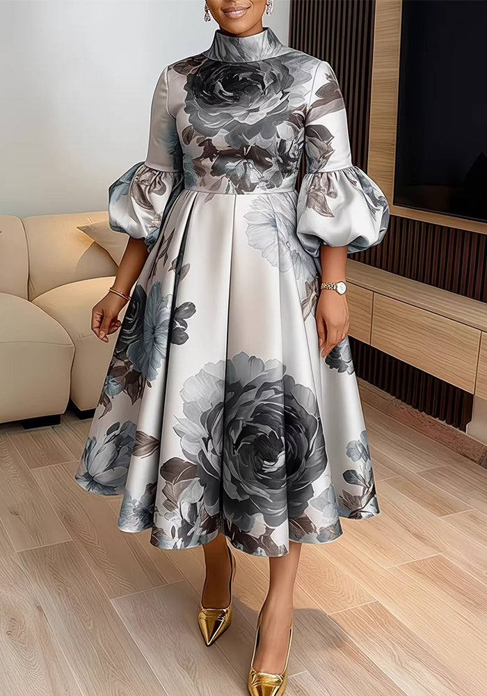 Lantern Sleeve Printed Dress for Elegant Events
