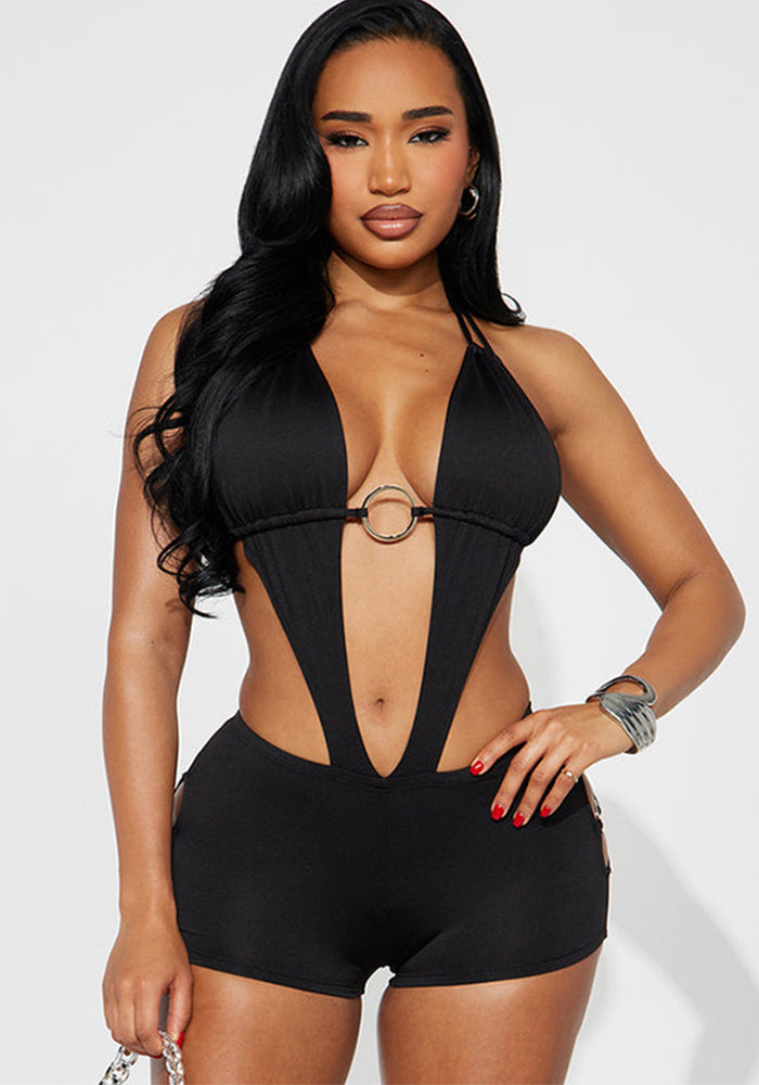 Solid O-Ring Cut-Out Halter Jumpsuit for Spring Clubwear