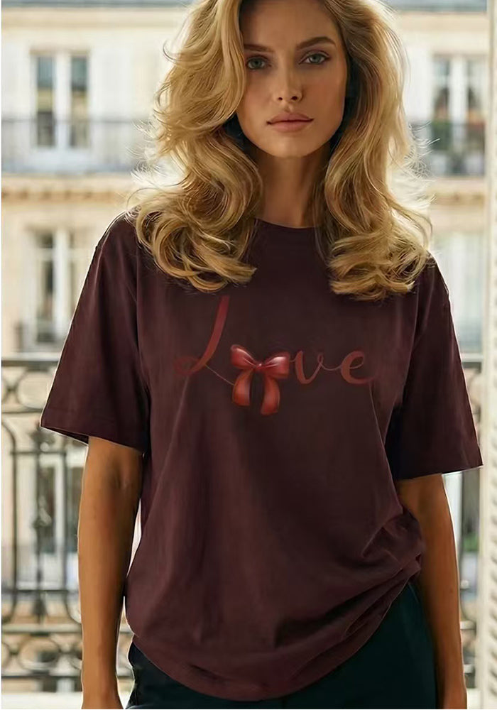 Women Cotton Short-Sleeve Bow Print Top T-Shirt