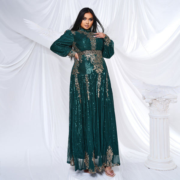 Plus Size Women Long Sleeve Round Neck Formal Party Sequin Maxi Evening Dress