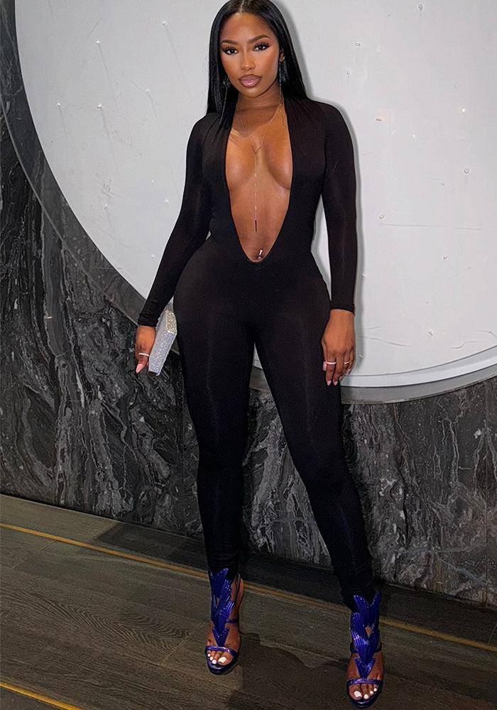 Women’s Sexy Deep V-Neck Long Sleeve Solid Tight-Fitting Jumpsuit