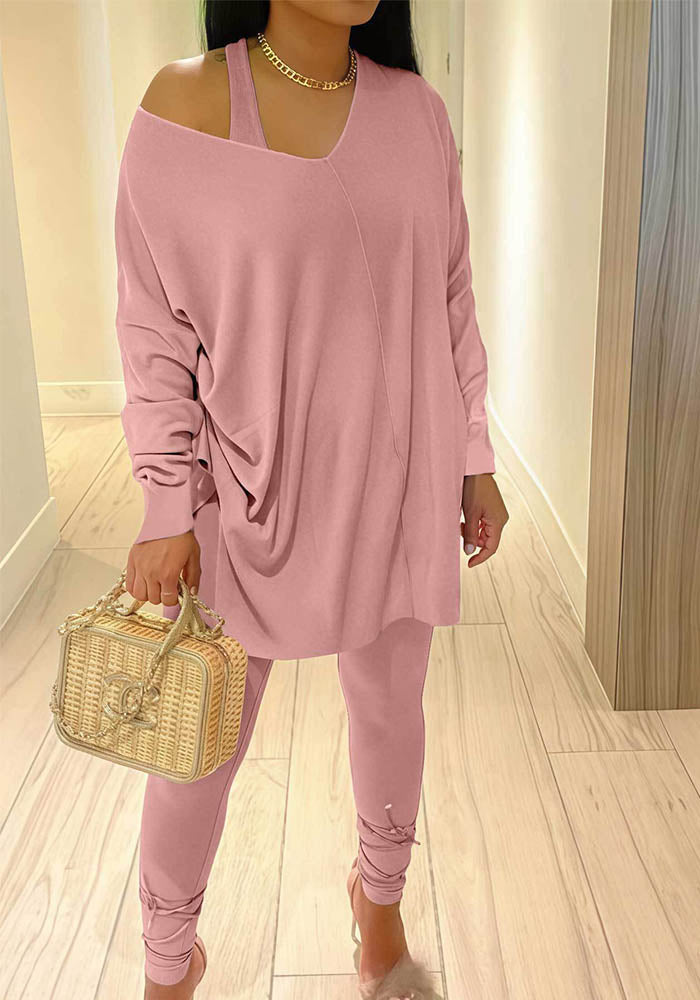 Women Elegant One-Shoulder Casual Top and Pant Two-Piece Set