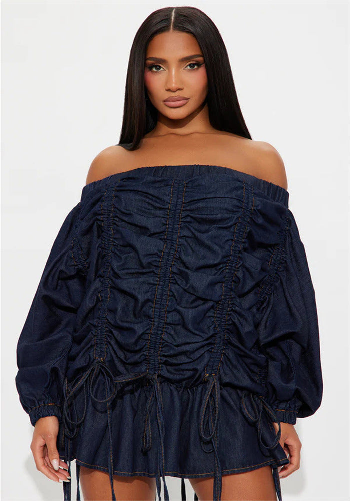 Off-Shoulder Drawstring Long-Sleeved Denim Mini Dress