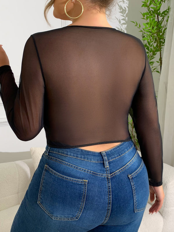 Plus Size Sexy Lace See-Through Patchwork Mesh Top