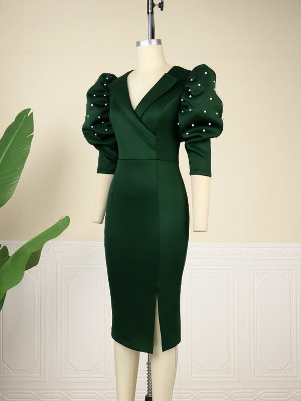 Elegant Beaded Puff Sleeve Bodycon Dress for Evening Parties