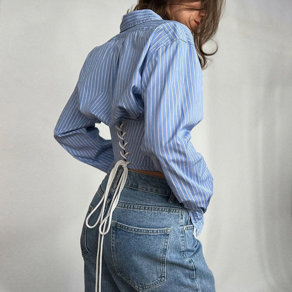 Women Summer Striped Turndown Collar Long-Sleeve Shirt Top