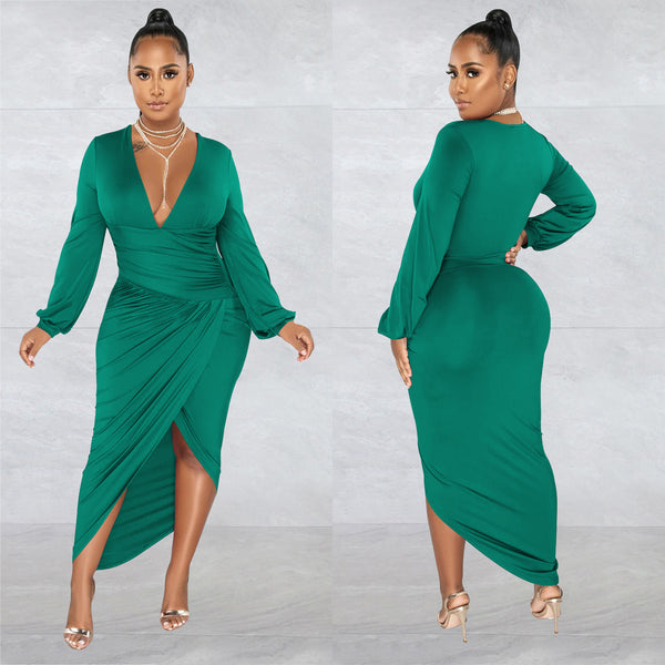 Solid V-Neck Long-Sleeve Pleated Dress for Career & Office Wear