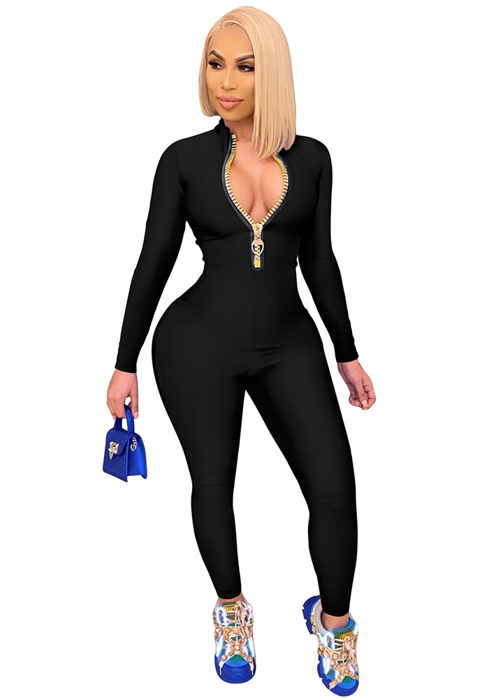 Solid Color Zip-Up Jumpsuit