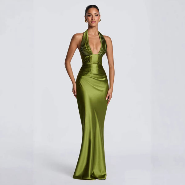 Halter Deep V Ruched Lace-Up Maxi Dress for Elegant Evening Events