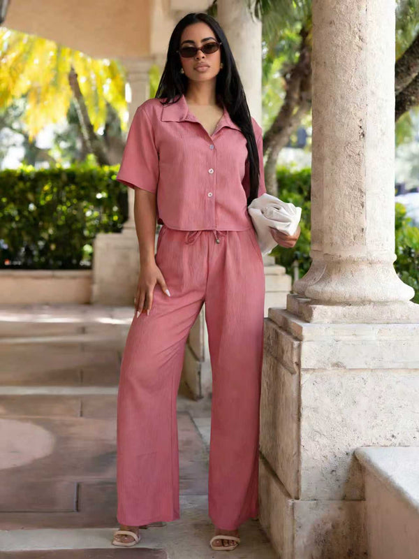 Turndown Collar Button Short Sleeve Top & Pants Set for Spring/Summer