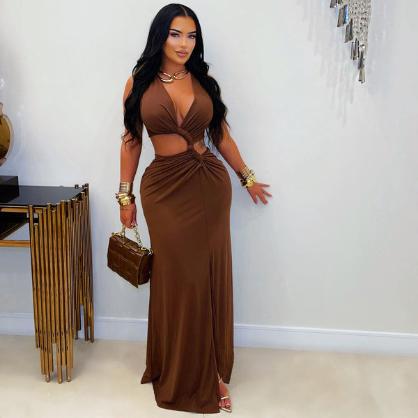 Hollow-Out Knot Deep V Slit Maxi Dress for Evening Galas