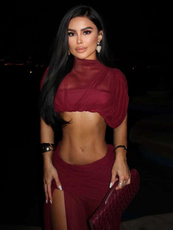 Women Sexy Mesh Crop Top and Solid Slit Skirt Two-Piece Set