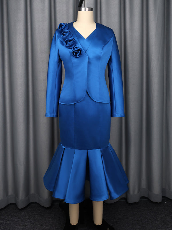 Floral Satin V-Neck Blazer & Mermaid Formal Dress Two-Piece Set