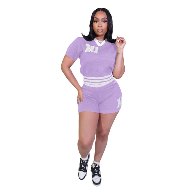 Contrast Knit Turndown Collar Top & Shorts Set for Summer
