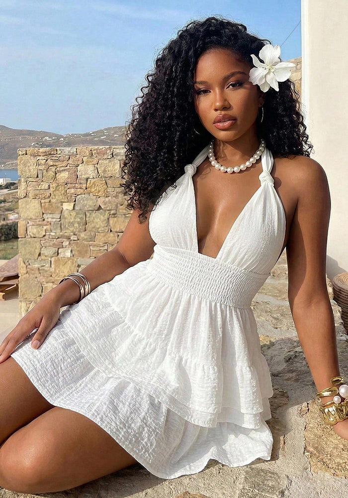 Solid Halter Low-Cut Ruffle Dress for Beach Holidays