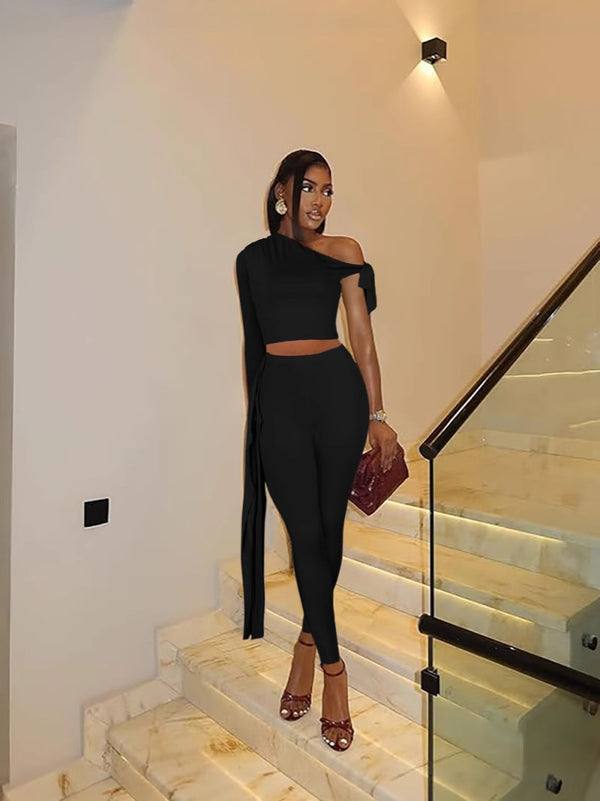 Women Sexy Single Long Sleeve Top and Long Pants Two-Piece Set