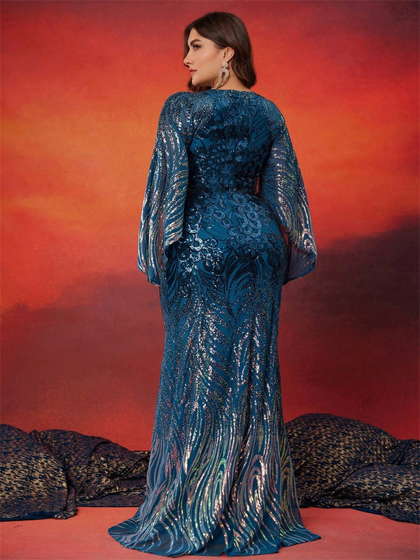 Plus Size Women Strechy Gradient Sequin Round Neck Long Sleeve Split Sleeve Cocktail Dinner Evening Dress