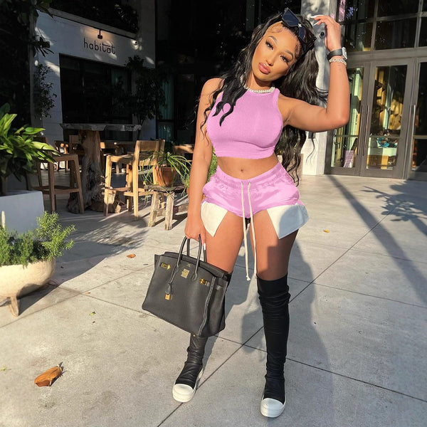 Women's Summer Sleeveless Tank Top and ide Slit Drawstring Shorts Two-Piece Set