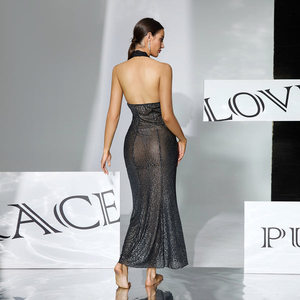 Women shimmering see-through halter neck V neck backless fishtail dress