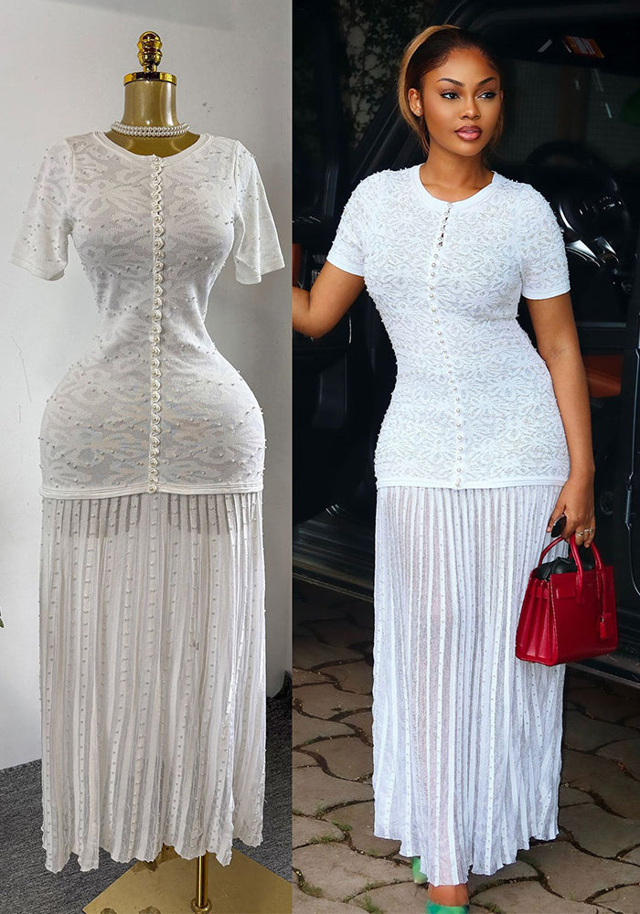 Pearl-Embellished Knitted Short-Sleeve Slim-Waist Pleated Maxi Dress