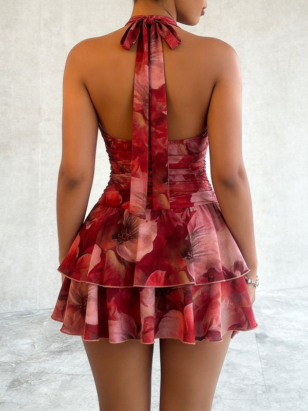 V-Neck Printed Halter Lace-Up Mini Dress for Evening Parties