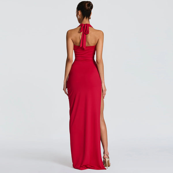 Deep V-Neck Halter Low Back Slit Dress for Spring Evenings