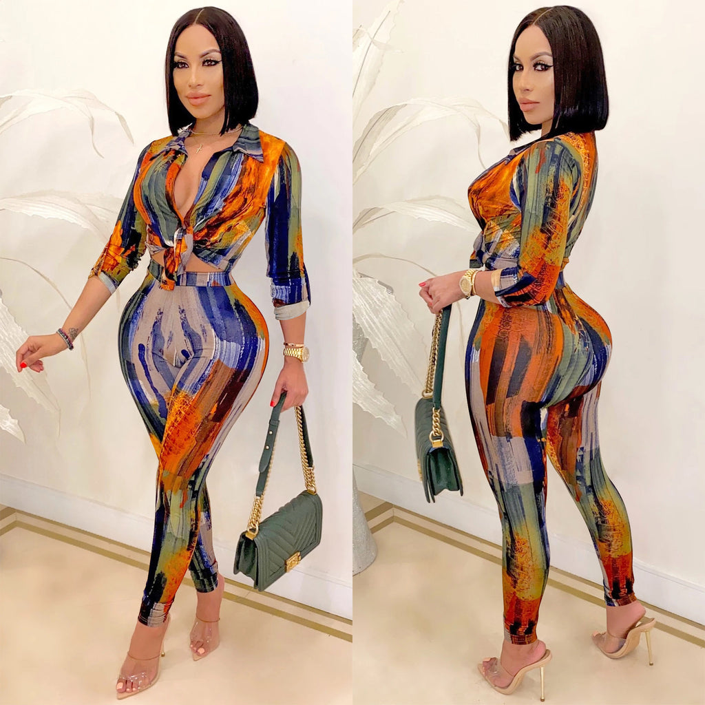 Printed V-Neck Long-Sleeve Pants Set