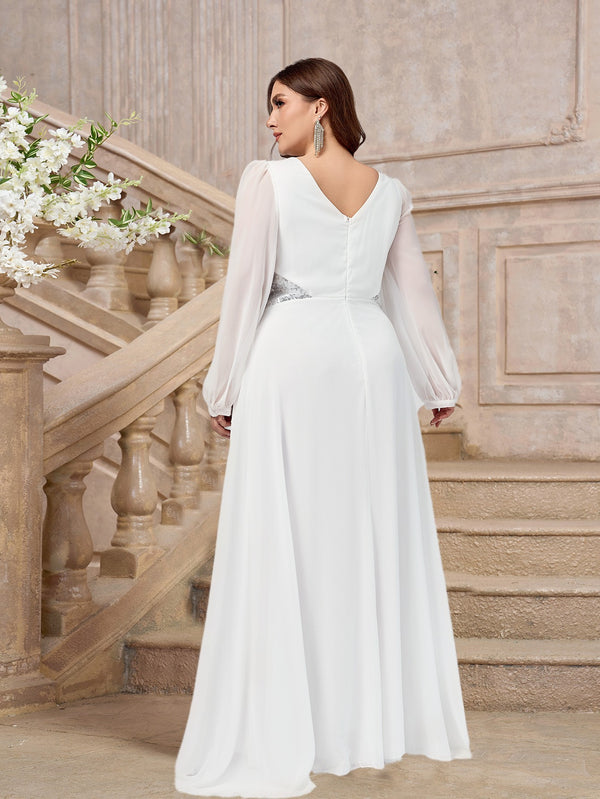 Plus Size Women Chiffon Long Sleeve V Neck Formal Party Dress
