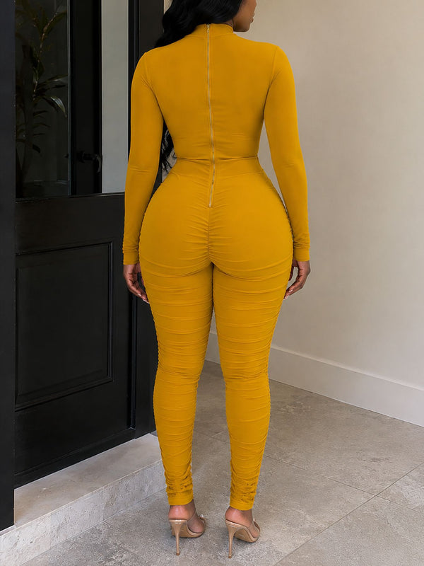 Mesh Patchwork High Neck Long-Sleeve Tie-Waist Ruffled Jumpsuit