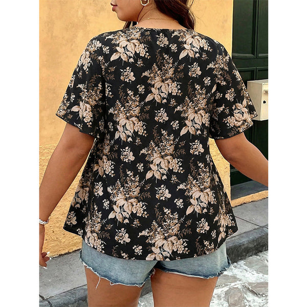 Plus Size V-Neck Ruffle Sleeve Chiffon Blouse for Office Wear