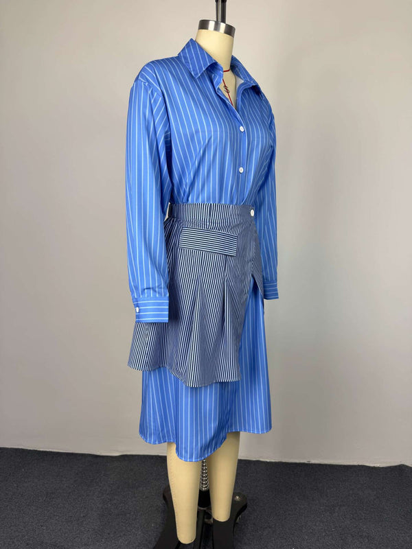 Women Summer Turndown Collar Blue Striped Long-Sleeved Shirt and Shorts Casual Two-Piece Set