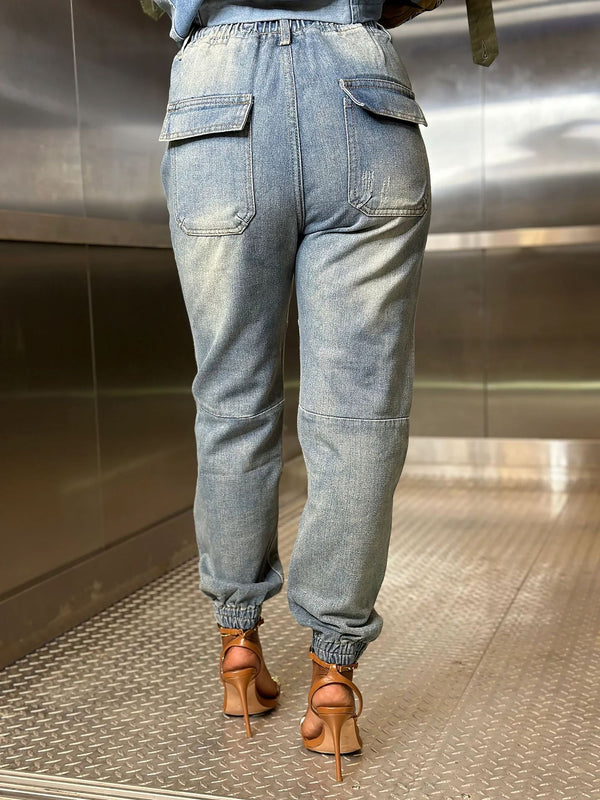 Washed Patchwork Drawstring Denim Joggers
