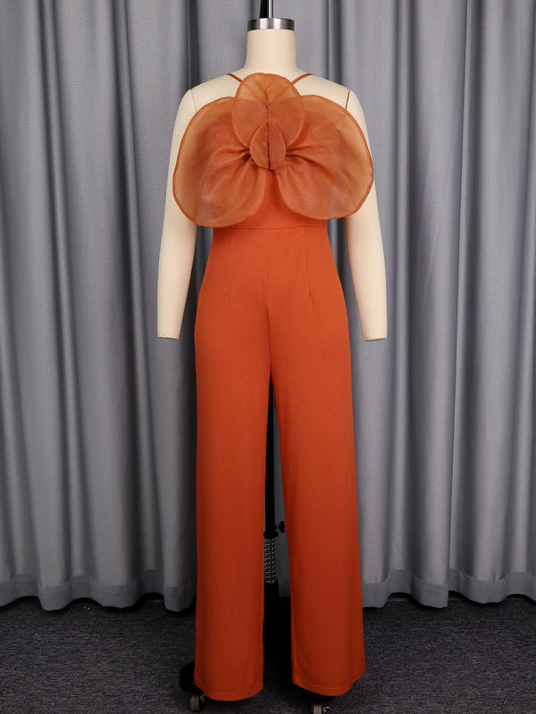 Women's Halter Neck Organza Floral High-Waist Wide-Leg Slim Fit Jumpsuit