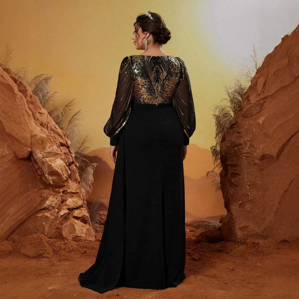 Plus Size Sequin Round Neck Long Sleeve Formal Evening Gown