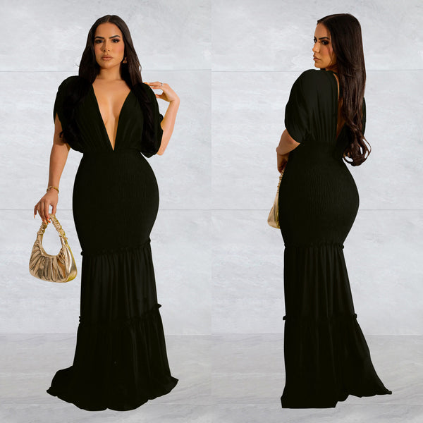 Women Solid Pleated V-Neck Sleeveless Maxi Dress