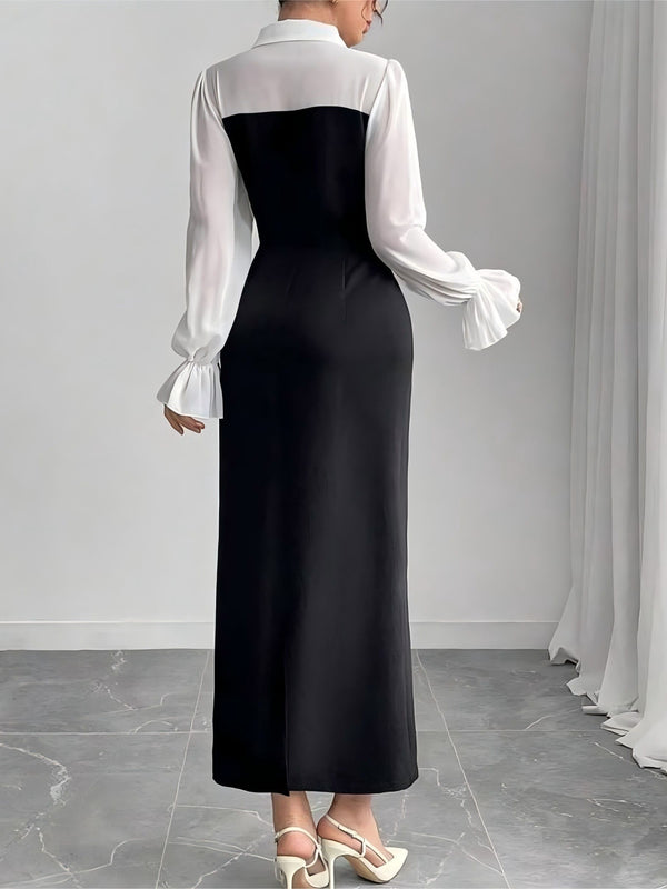 Women Faux Two-Piece Color Block Long-Sleeved Dress