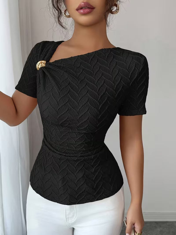 Asymmetrical Neckline Metallic Short-Sleeve T-Shirt for Club Wear