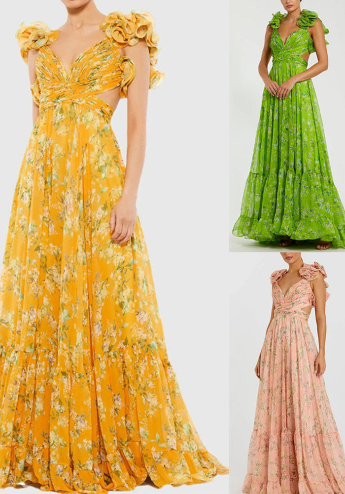 Pleated Chiffon Printed Dress for Spring/Summer Holiday Parties