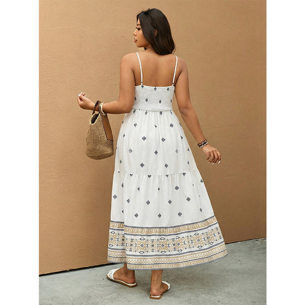 Plus Size Geometric Print V-Neck Strap Maxi Dress for Summer