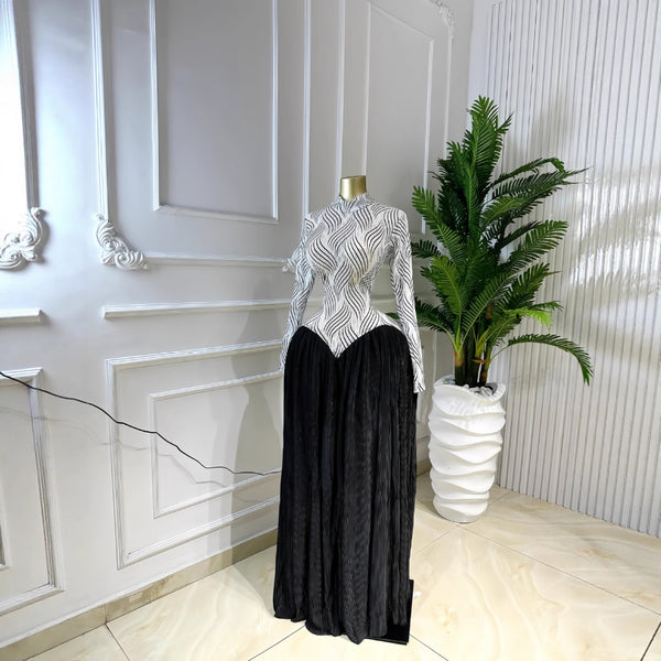 Stand Collar Long-Sleeve Patchwork Ruched Maxi Dress for Winter