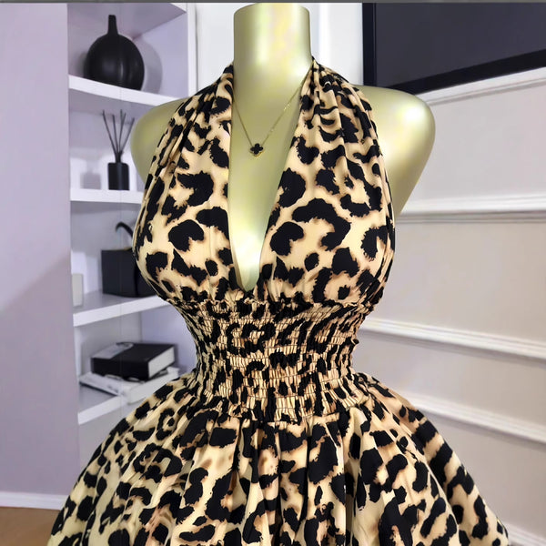 Sleeveless Halter Leopard Pleated Mini Dress for Summer Parties